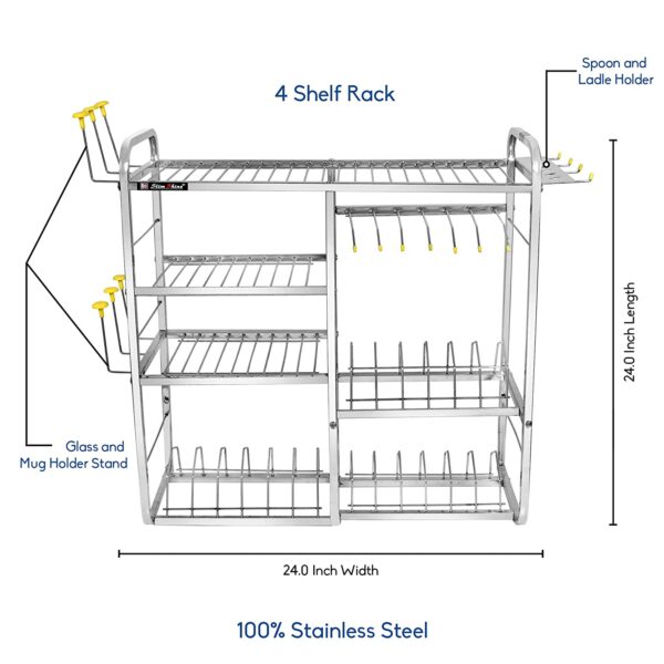 SLIMSHINE 4 Shelf 24 Inch Stainless Steel Wall Mount Kitchen Utensils Rack